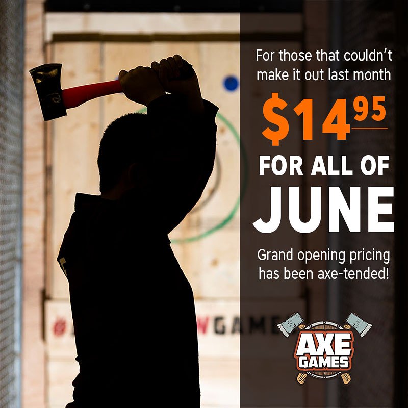 Throw axes for $14.95 for all of June! Grand opening pricing has been axe-tended! #yyc #axethrowingyyc #axegames #axethrowgames #promo #discount #fun