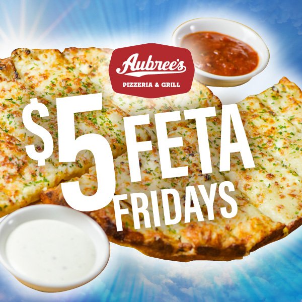 AubreesMI's tweet photo. Welcome to Feta Fridays at Aubree's! Every Friday in June, July, and August our Ultimate Feta Bread is only $5 - all day! #youfetabelieveit #fetabread #aubrees https://t.co/BkjrfNldvm