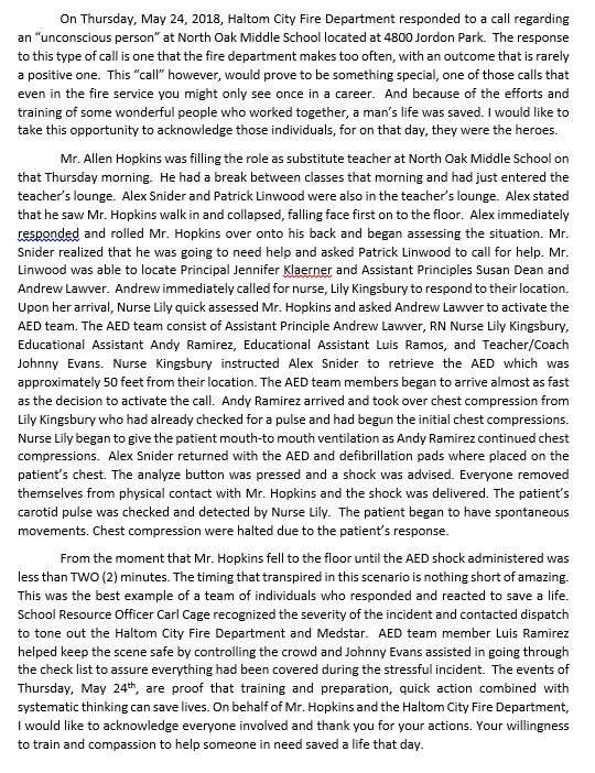 Thursday, May 24  HCFR responded to an “unconscious person” at North Oak Middle School. The response to this type of call is one that the fire FD makes too often, with an outcome that is rarely positive.  This “call” however, would prove to be something special-see pic for more