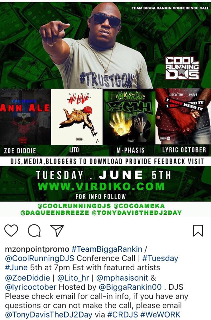 DJ’s Tap in - #TBR #CRDJS #ConferenceCallArtist @LyricOctober << is a #TeamBiggaRankin / @CoolRunningDJS Conference Call featured artist for #Tues #June 5th at 7pm Est! @TonyDavisTheDJ2Day via @BiggaRankin00 #CRDJS #WeWORK Record Featured on @Virdiko Salute @RapJuggernaut