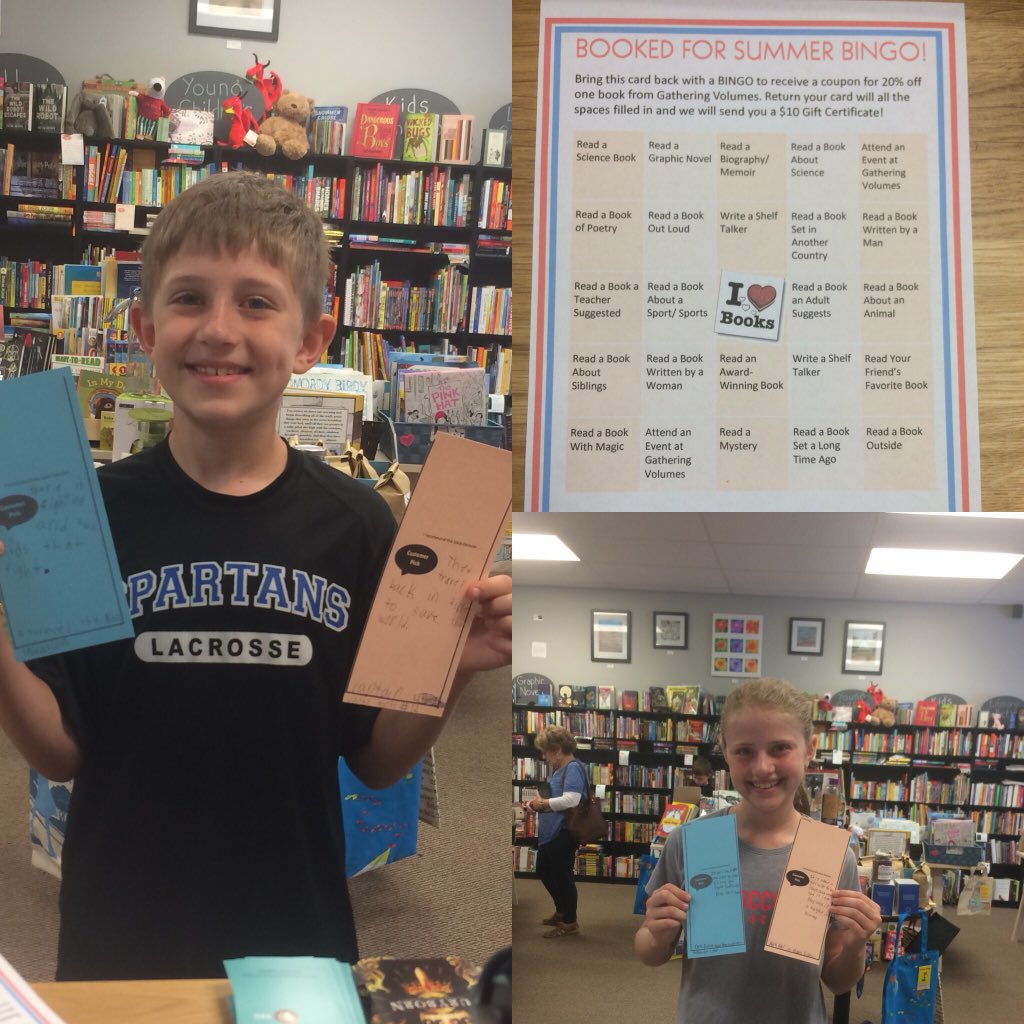 GVBooks's tweet photo. Eleanora &amp; Henry got their BINGO cards and completed Shelf Talkers to mark off their first squares! 

Stop by Gathering Volumes today! 

#ohiobookstore #shoplocal #stopsummerbraindrain https://t.co/T8N2QECShP