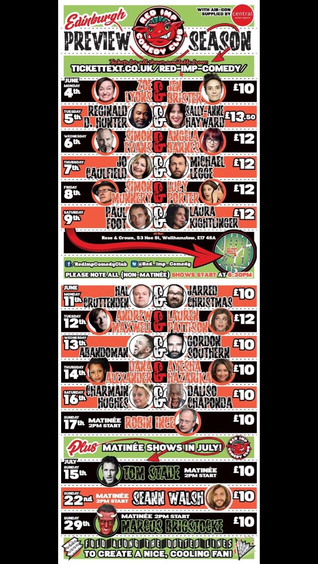 SourceOfHumour's tweet photo. There is an an great set of @edfringe preview shows taking place @Red_Imp_Comedy throughout June/July.
Do feel free to RT. Booking ahead is strongly advised.
#comedy #comedians #edfringe #edpreview #previewshows #london #walthamstow #brixton https://t.co/0GGvUtPbBn
