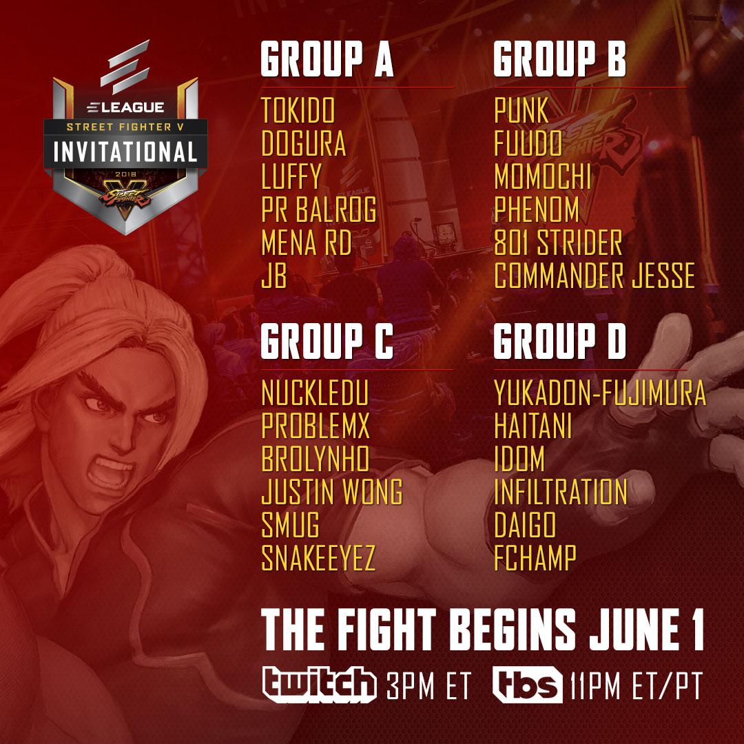 CapcomFighters's tweet photo. Group A kicks off #ELEAGUESFV action today!

Mena RD
Tokido
Dogura
Luffy
PR Balrog 
#TheChallengerSFV winner JB! 

6 players go in. Only 2 make it out.

Who you got?

Tune in at https://t.co/zFSQkFSGGq at 12pm PT/3pm ET &amp; on @TBSNetwork 11pm PT/ET

Follow @ELEAGUETV for updates! https://t.co/i7hoXQn7za