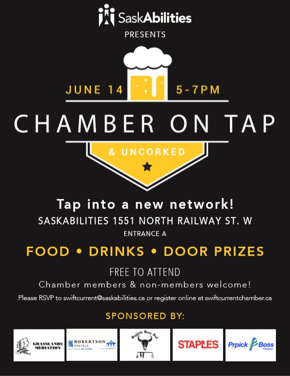 Tap into a new network!  The next Chamber on Tap &amp; Uncorked will be hosted by our friends at <a href="/SCAbilities/">SaskAbilities SC</a> on June 14th from 5-7.  Free to attend and everyone is welcome!  Register today at swiftcurrentchamber.ca/events/details…