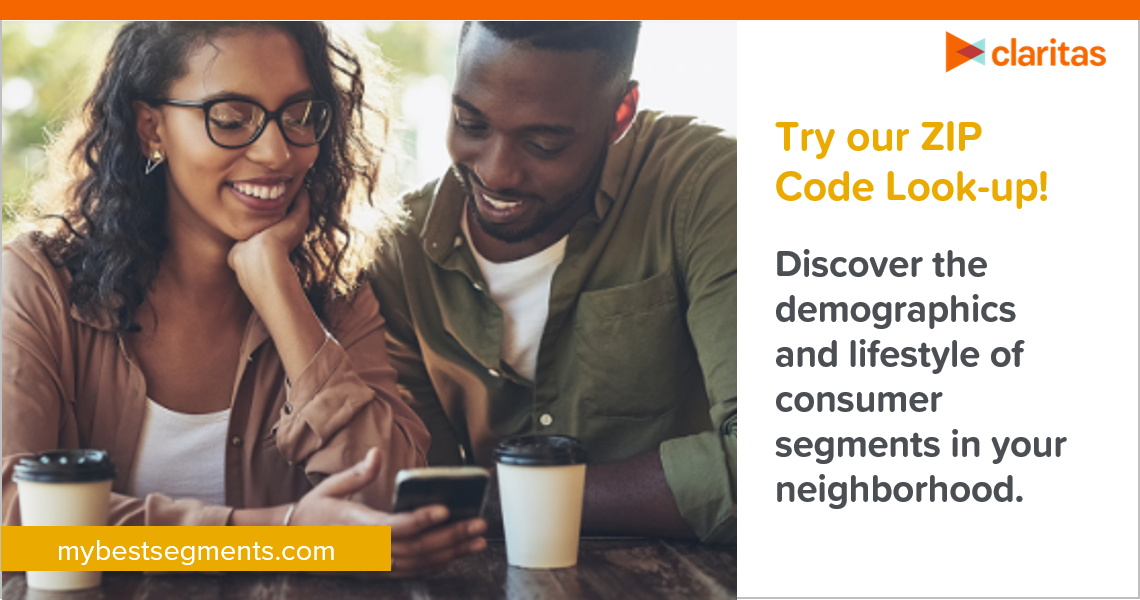 Claritas2_0's tweet photo. Discover Claritas' new MyBestSegments website to learn how to find your next customer. Try our ZIP Code Look-up tool to check out the top #ConsumerSegments who live there and uncover their #demographic and lifestyle characteristics. -> https://t.co/QU4dErksFd #FindCustomers https://t.co/BYEwc4rjUK