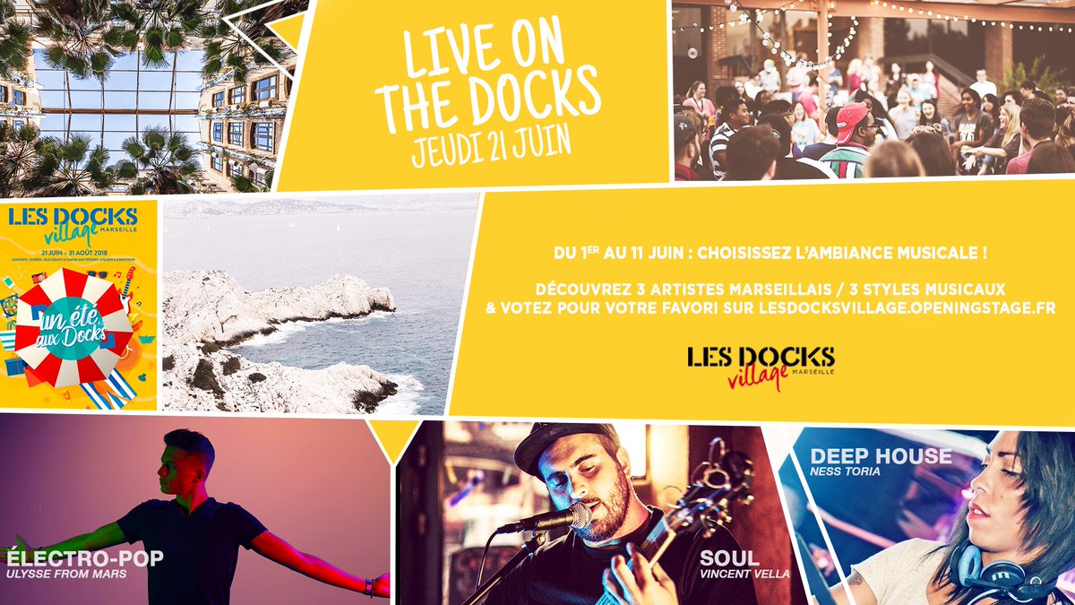 DocksVillage's tweet photo. 🎶 FÊTE DE LA MUSIQUE - Live On The Docks 🎶
Parce que vous êtes aux Docks comme chez vous, on vous laisse découvrir trois artistes marseillais / trois styles musicaux et choisir celui qui vous fera danser le 21 juin https://t.co/a5MfpANZZX
#FDLM2018 #Marseille #openingstage https://t.co/AjTbgSpDPQ