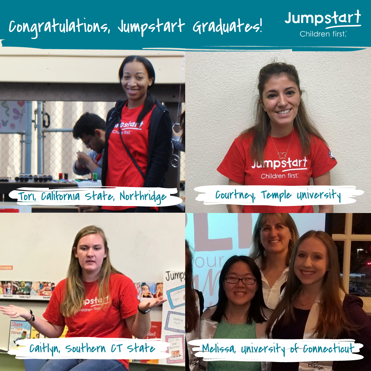 Jumpstartkids's tweet image. Congratulations, Tori, Courtney, Caitlyn, and Melissa! Thank you for your contributions serving with Jumpstart! We look forward to seeing how all of our Jumpstart graduates continue to make a difference. ow.ly/5B6B30kfDdh   
#Classof2018 #GetThingsDone #ServiceWorks