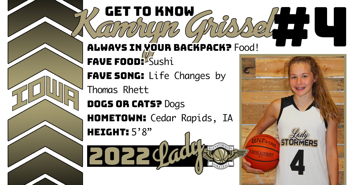 Get to know our players! <a href="/KamrynGrissel/">Kamryn Grissel</a> is 1 of 10 players who make up the  Lady 'Stormers Elite 2022 team. "Kam" is the daughter of <a href="/KimGrissel/">Kim Grissel Decker</a> &amp; <a href="/tgrissel/">Tim Grissel 🇺🇸</a>. She will attend CR Prairie in the Fall. You can catch #4 &amp; her team in action next weekend in Ames #WomensBasketball