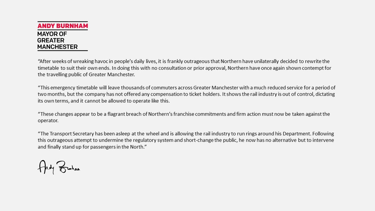 "Northern have once again shown contempt for the travelling public of Greater Manchester."

The Mayor has responded to train operator Northern introducing an emergency timetable from Monday after weeks of travel chaos across our city-region. More 🔽