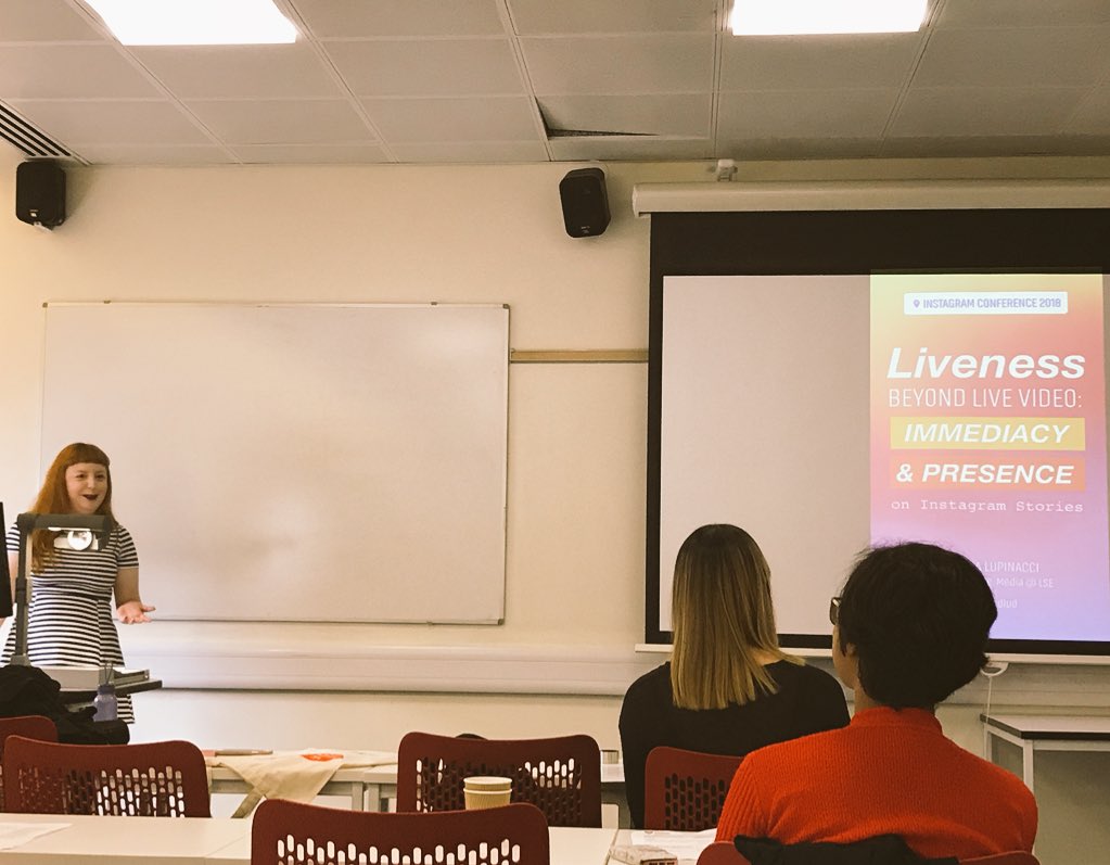 oscarzhouty's tweet photo. @ludludlud is giving the most excellent paper on immediacy and presence on Instagram Stories #mdxinstaconference https://t.co/7lJnAX751C