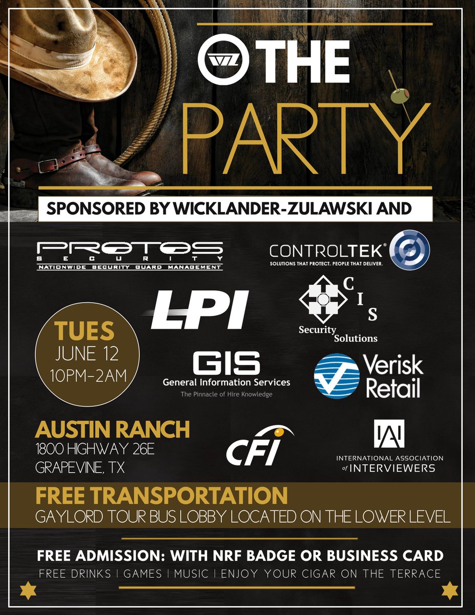 DThompsonWZ's tweet image. Hope to see many of you at #NRFProtect in Dallas!  Make sure to come hang out #atTHEparty with @WZ_Training @ProtosSecurity1 @LP_Innovations @ControltekUSA @VeriskRetail #CISSecurity #GIS @IAInterviewers and @CFInterviewers