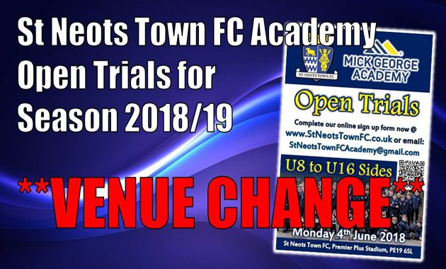 ⭐️⭐️CHANGE OF VENUE ⭐️⭐️ for <a href="/SNTFCAcademy/">Academy @StNeotsTownFC</a> trials week beginning Monday 4th June.
stneotstownfc.co.uk/item/1936-open…