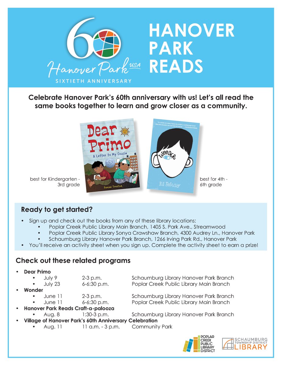 HanoverParkVlg's tweet photo. Kids across #HanoverParkโs 10 elementary schools will be reading the same books to celebrate Hanover Parkโs 60th anniversary together. This summer, please bring your kids to either @stdl or Poplar Creek Library to sign them up. https://t.co/AZ7tFBeGJv https://t.co/asyf8oVuBk
