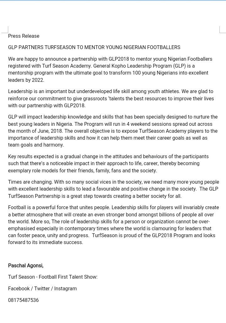 glp_ng's tweet photo. ANNOUNCEMENT!

We're glad to announce our partnership with @TurfSeason , a Nigerian football academy that is grooming and connecting young grassroots footballers with opportunities.

Our Host @Generalkopho, GLP team &amp; selected #GLP2018 finalists will be meeting with the players.. https://t.co/MGUZnVMuGj