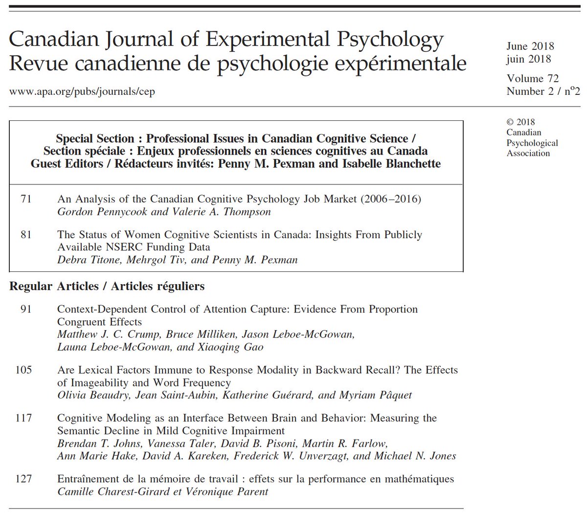 PennyPexman's tweet photo. Sneak Peek! The June issue of #CJEP features a Special Section on Professional Issues in Canadian Cognitive Science and excellent regular articles, including work by @GordPennycook @debra_titone @MGEmpty and @MattCrump_ . Coming soon from @APA_Journals @CPA_SCP https://t.co/eUinrA5FNz
