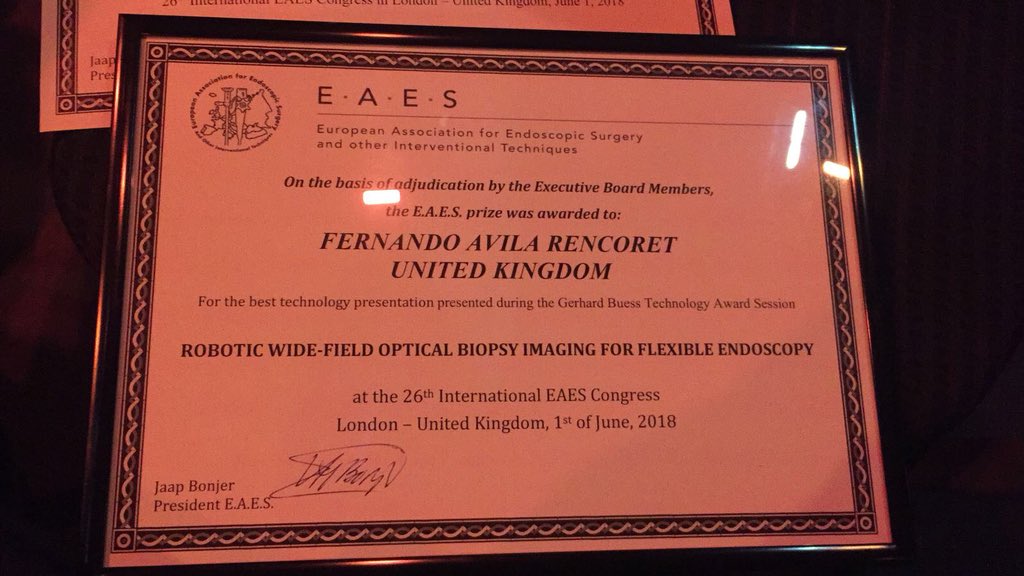HARMS_Lab's tweet photo. And the Best Technology Presentation Award goooooes to... Fernando Avila Rencoret @favilar for the EndoDrone,making our lab proud again! #EAES2018 @EAES_eu @ImperialSandC https://t.co/KSYpS0sG8b