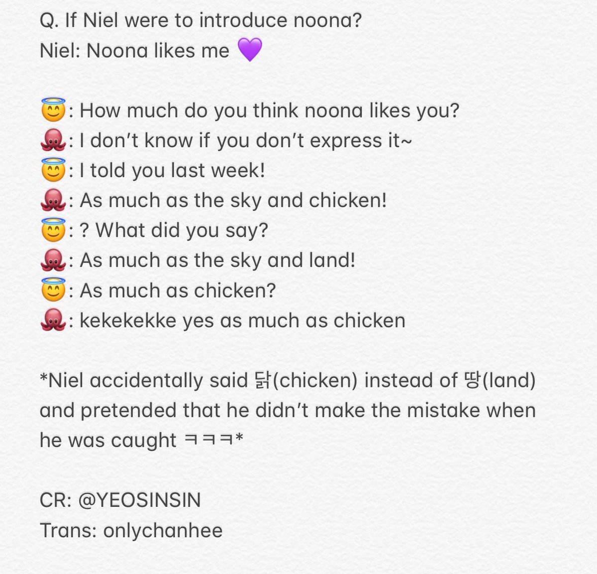 [TRANS] How much do you think noona likes Niel? 💜🐓

cr: YEOSINSIN