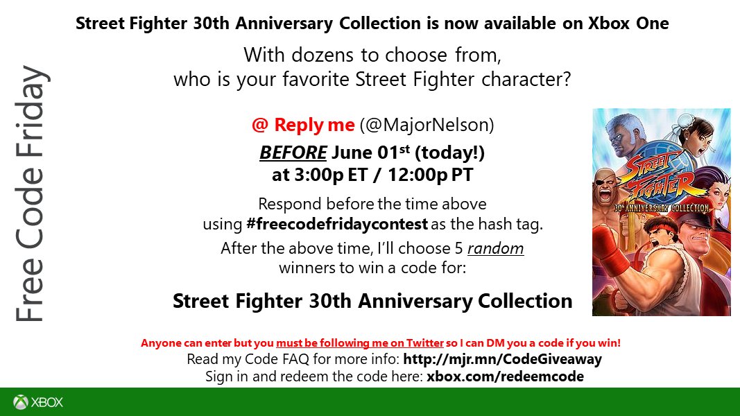 #freecodefridaycontest time. Read this and you could win a code for Street Fighter 30th Anniversary Collection on Xbox One. Good luck.