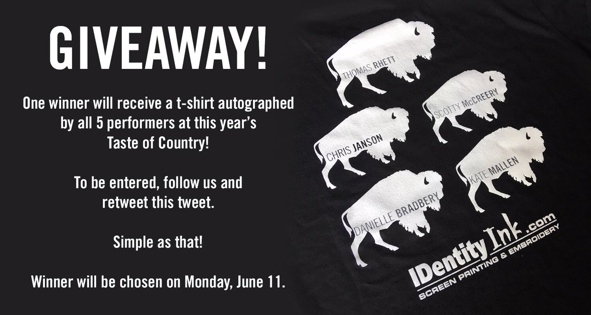 identityink716's tweet photo. GIVEAWAY TIME!
Weβve partnered with @1065WYRK to bring you the opportunity to win a t-shirt that will be autographed by all 5 performers at this yearβs Taste of Country!
Winner will be chosen on Monday, June 11 at 3pm. #TOCBuffalo https://t.co/37gkH20tVi