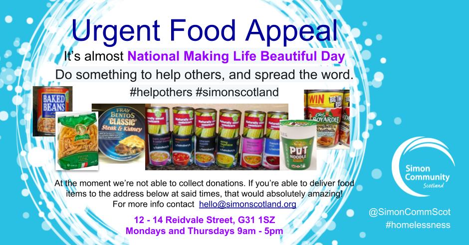 SimonCommScot's tweet photo. Our lonely tins need some friends! Please help share the word about our Urgent Food Appeal. It’s #NationalMakeLifeBeatifulDay soon and we hope people can get involved by donating tins and dried food.
#helpothers #simonscotland #peoplemakeglasgow https://t.co/MsXWylAPOb