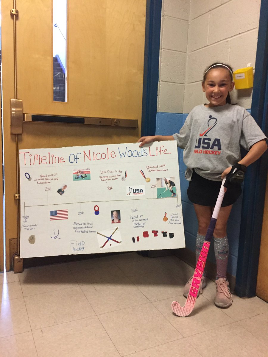 USAFieldHockey's tweet photo. Avid field hockey player 8-year-old Addie Blood, from Massachusetts, combined her love for the game and ties to her local area in her biography report on the 'Timeline of Nicole Woods' Life". 🇺🇸 https://t.co/sYgt4rKtzw