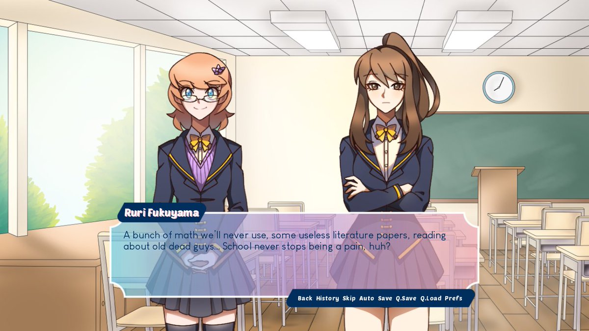 pajamapro's tweet photo. We've shown more than our fair share of artwork, but we haven't shown you what the game looks like in action, have we? Let's rectify that! #yuri #devtalk #vndev #indiedev #gamedev https://t.co/OkIqeTkSm3
