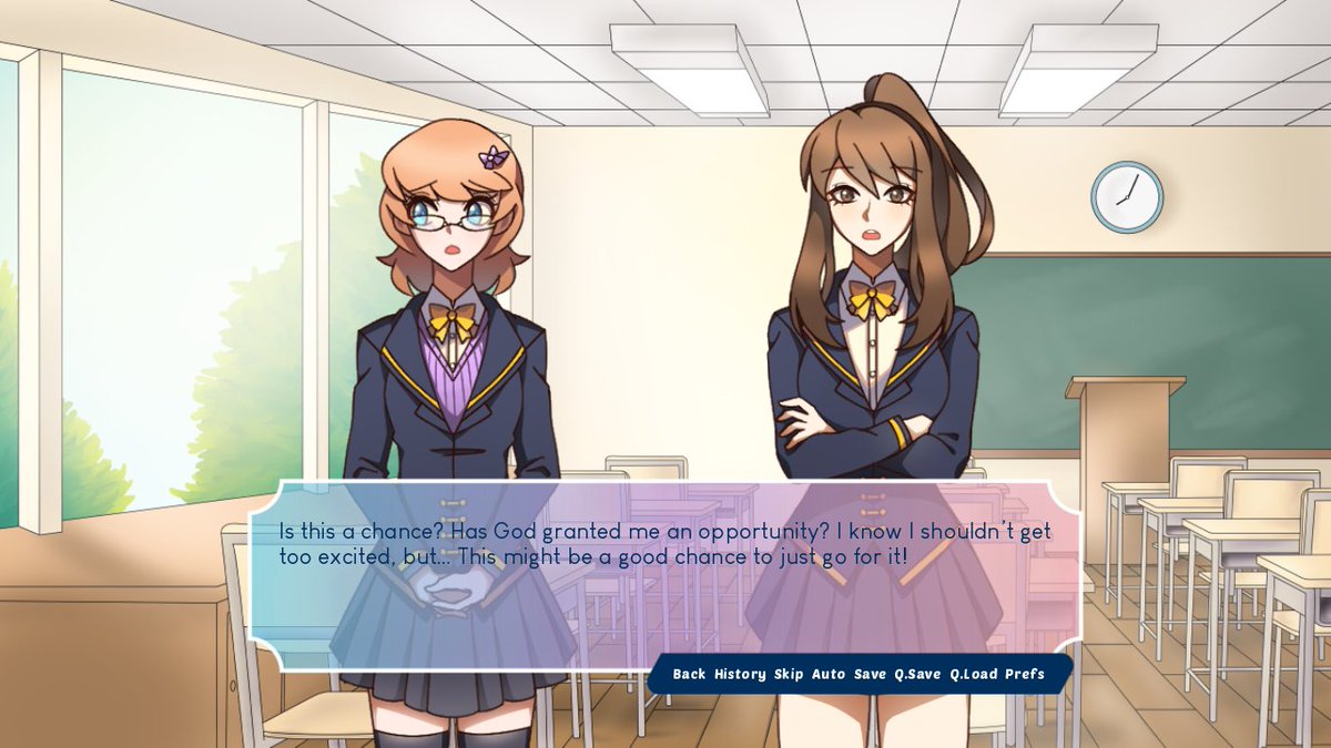 pajamapro's tweet photo. We've shown more than our fair share of artwork, but we haven't shown you what the game looks like in action, have we? Let's rectify that! #yuri #devtalk #vndev #indiedev #gamedev https://t.co/OkIqeTkSm3