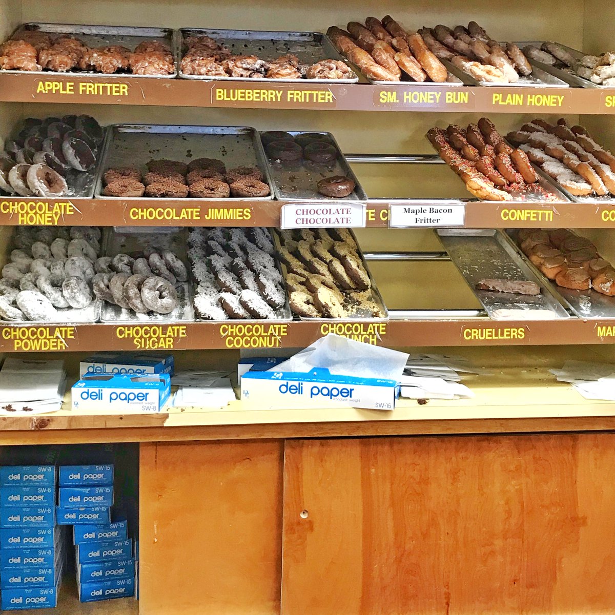 The donut racks at Congdons Donuts in Wells, Maine.