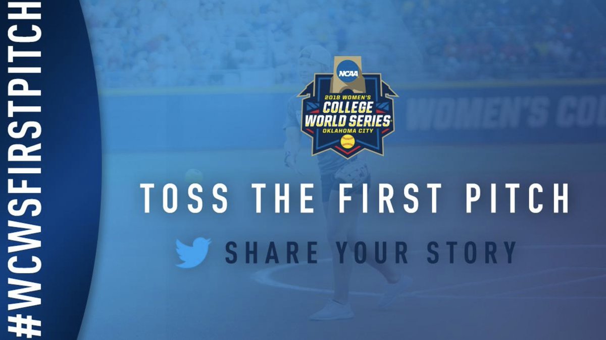 NCAASoftball's tweet photo. Are you in OKC for the 2018 #WCWS?!
Want to toss the first pitch?
Share your story using #WCWSFirstPitch and we may choose you! https://t.co/M0Oci5mLEa