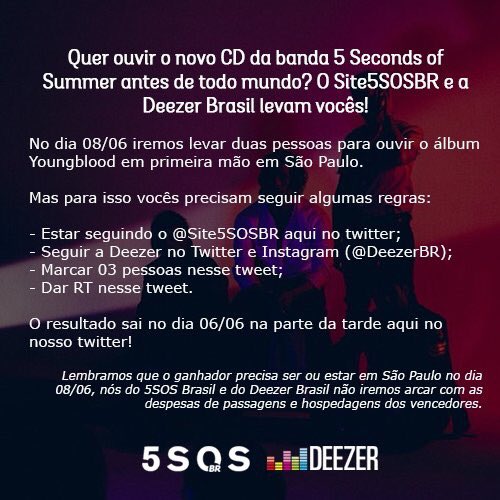 Site5SOSBR's tweet image. Quer ouvir o novo CD da banda 5 Seconds of Summer antes de todo mundo? O Site5SOSBR e a Deezer Brasil levam vocês! sorteia.eu/hrM