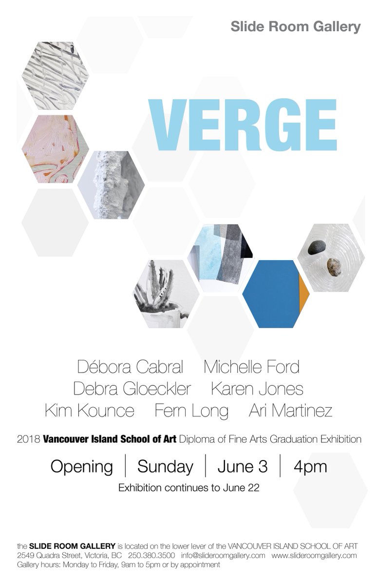 Slide_Room's tweet photo. This afternoon at the Slide Room Gallery: VERGE. An exhibition of work by the @VISchoolArt Diploma of Fine Arts graduate students! #yyjarts #yyj #yyjevents @BC411_ @QuadraVillage https://t.co/CyLSF8lezU