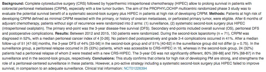 SeguraJuanJ's tweet photo. Results of #PROPHYLOCHIP #RCT will be presented soon at @ASCO. Under strict criteria (no T4):
- PM resected with the primary
- Ovarian metastases
- Perforated primary tumor
Seems that 2nd look wouldn't confer any advantage in terms of survival or DF. 🤔 https://t.co/N92aqKSKh4 https://t.co/5NoYH6VAxr