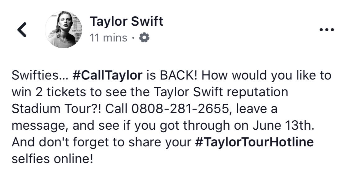 borjaswift's tweet photo. #CallTaylor is BACK! The #TaylorTourHotline is now open to win concert tickets! 😱 @taylornation13 https://t.co/L48sOflcv7