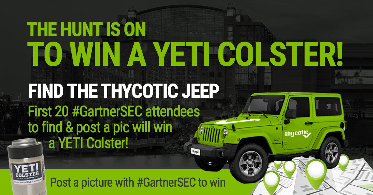 Thycotic's tweet photo. Hey, #GartnerSEC! We can't wait to see you next week. Be one of the first 20 to spot the Thycotic Jeep &amp; you'll win a Yeti Colster. Let the hunt begin! https://t.co/kt6PHheBhp