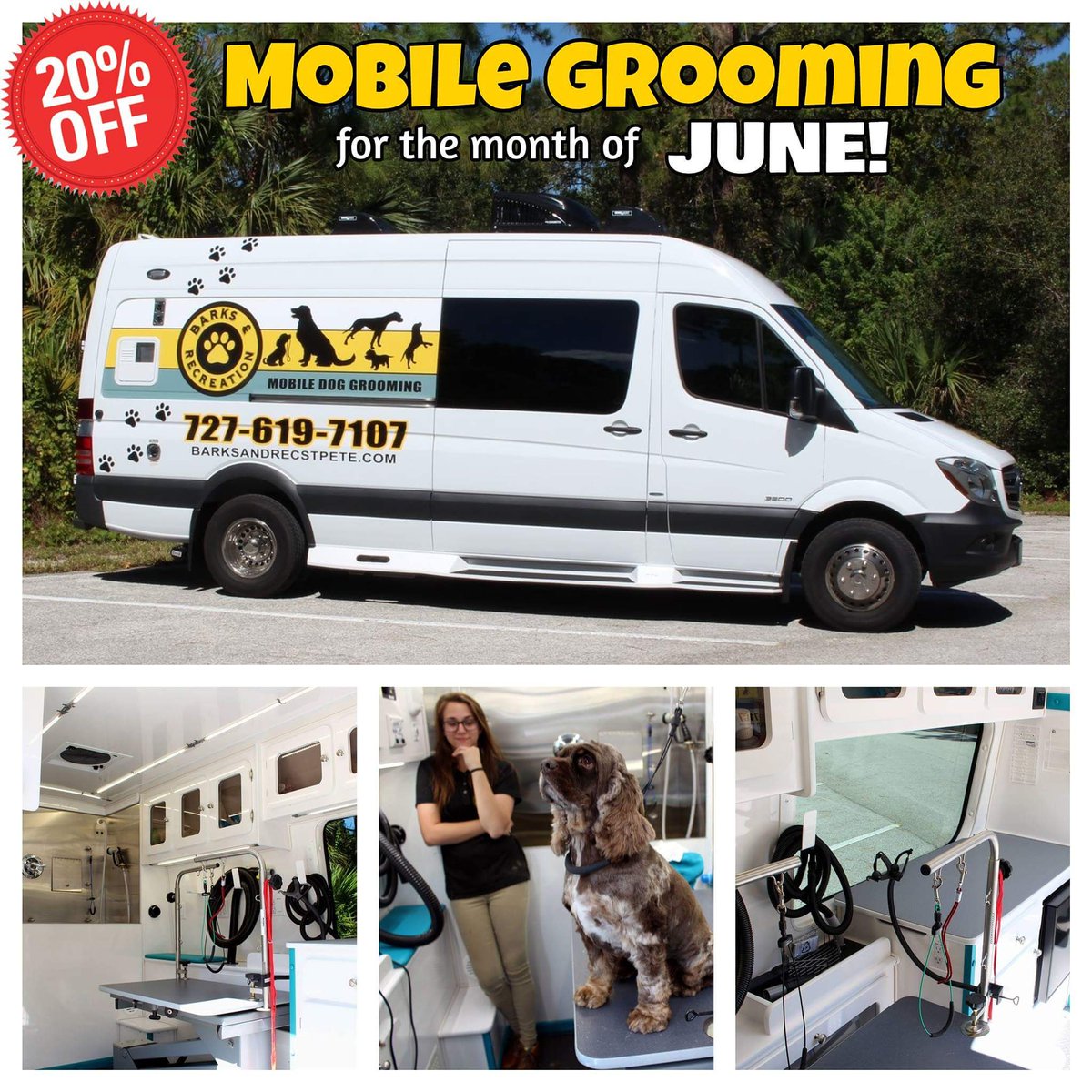 20% Off Mobile Grooming for the Month of June! Try out our Brand New Customized Mercedes Sprinter Grooming Van, you won't be disappointed! 

#Grooming #Groomer #DogGrooming #DogGroomer #TampaBay #dogsoftwitter