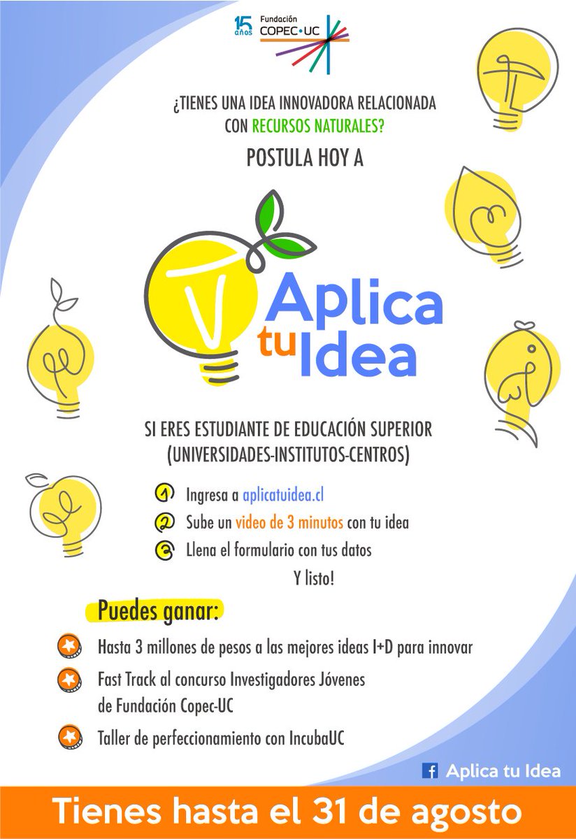 💡EMPRENDE | Si tienes una idea relacionada a recursos naturales, postula a "Aplica tu Idea" de Fundación Copec UC y podrás ganar hasta 3 millones de pesos para potenciar la idea, un fast track al Concurso de Investigadores Jóvenes, y un taller de perfeccionamiento con <a href="/IncubaUC/">Incuba UC</a>