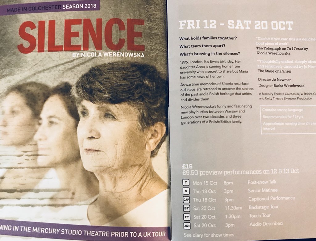 NinaFinbow's tweet photo. Emotional & proud moment seeing @NickyWerenowska new play #Silence listed in @mercurytheatre autumn programme. My thanks @KresySiberia @ognisko_polskie @IzzyFinbow for supporting us on this project & sharing interest in #intergenerational effects https://t.co/K9WN9pIFKx