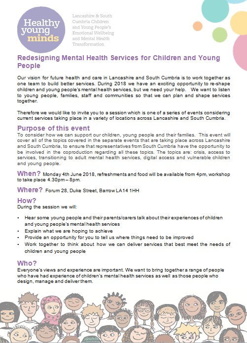 We're working to improve children &amp; young people's mental health services in south Cumbria &amp; want hear ideas &amp; feedback from young people, parents, health professionals &amp; local communities on how we can do this. Join us in Barrow on Monday from 4.30pm-8pm ow.ly/9PvY30khJFD