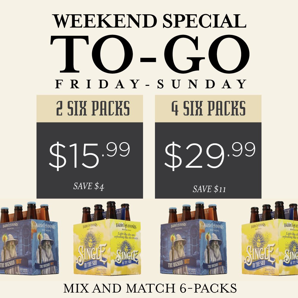BarrelofMonks's tweet photo. To-Go Promo! Friday - Sunday get a case of Barrel of Monks beer for only $29.99
or a 12pk for only $15.99. You can mix & match six-packs but not single bottles.
#BarrelofMonks #BocaRaton #SouthFlorida #FloridaBeer #SingleintheSun #WizardWit #PalmBeach #Broward #SoFloBeer #SoFlo https://t.co/4kp496wMO7