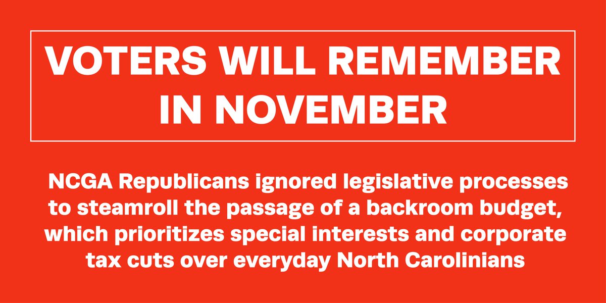 NCDemParty's tweet photo. #NCGA Republicans passed their sham #BackroomBudget, after refusing to hear from the public. Commit to vote on Nov. 6th to say you won’t be ignored at the ballot box https://t.co/V27wubhiEL https://t.co/lwxT6DIH0R