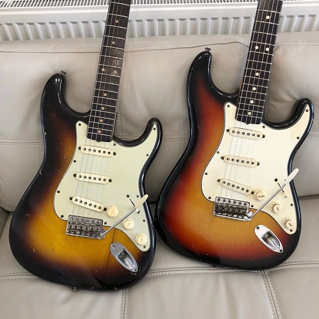 ATBGuitars's tweet photo. 2 x #precbs #fender #stratocaster just gone up on our website today. A stunner of a 1961 #slaboard #strat and a fascinating 1964 1965 crossover year #fenderstrat with late spaghetti logo. Don’t they look cosy together.... 😎 https://t.co/Dp3Eps4xQv https://t.co/Mc0z0lLiiG