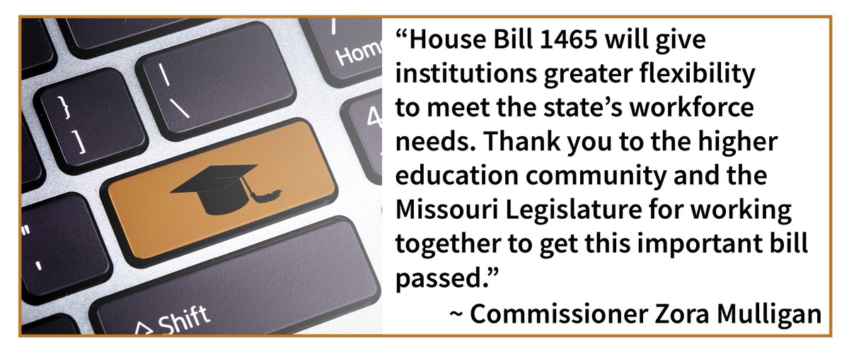 HB 1465 greatly impacts #highered in #Missouri. It was signed into law today. We thank our institutions and <a href="/FriendsofDonna/">Donna Lichtenegger</a>, <a href="/jaywasson/">Jay Wasson</a>, Rep. Steve Cookson, and Sen. Gary Romine for your instrumental work. <a href="/zzmulligan/">Zora Mulligan</a>