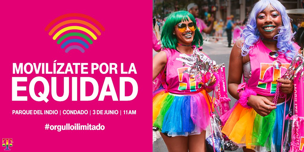 TMobilePR's tweet photo. Estamos READY para dejar sentir nuestro #OrgulloILIMITADO💕 este domingo. ¡Acompáñanos a movilizarnos por la equidad 🏳️‍🌈 desde El Parque del Indio! https://t.co/t7pF5YoTKP