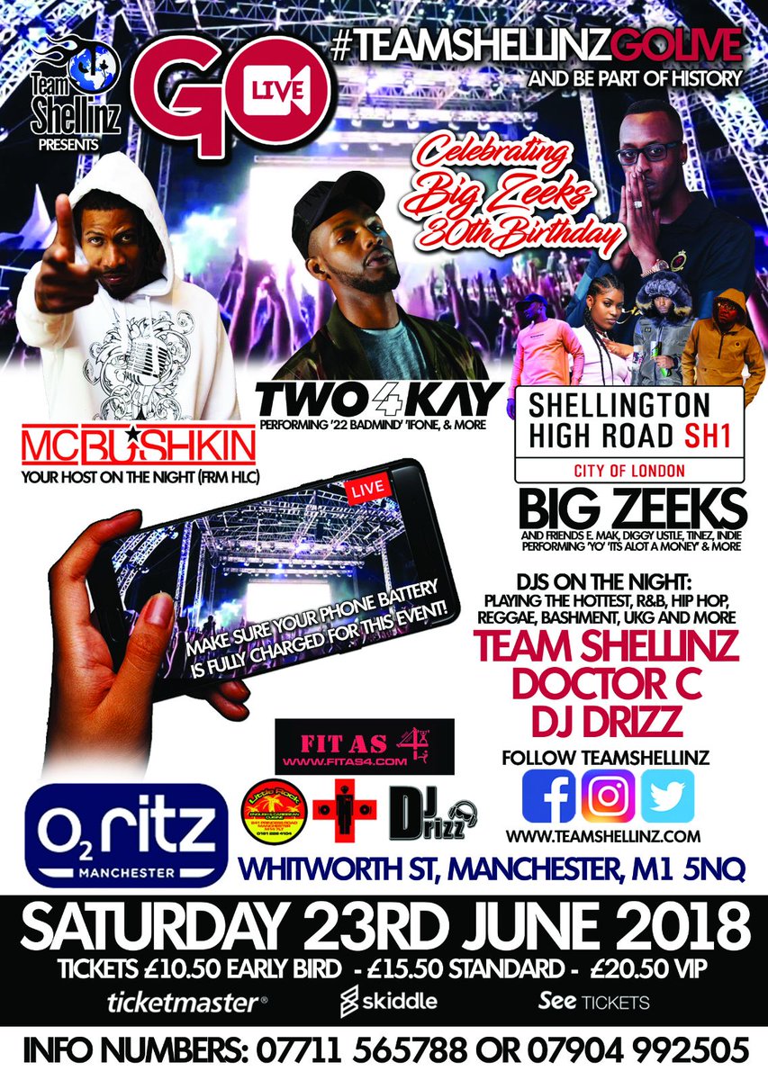MistaStretchUK's tweet photo. #TeamShellinzGoLive 23.06.18 @O2RitzManc ft @_bigzeeks @Two4Kay @McBushkin @TeamShellinzUK @DjDrizz @DancehallDrC Tkts 15.50 +bf @skiddle https://t.co/uPiPV86Th0