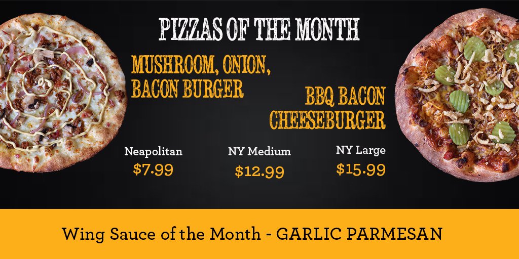 MyPizzaFire's tweet photo. To celebrate the beginning of summer, we have TWO burger inspired creations for our June Pizzas of the Month! Come try the BBQ Bacon Cheeseburger or Mushroom, Onion, Bacon Burger today! Available for a limited time only! We'll see you soon. #PizzaRedefined https://t.co/fq8YKl9ZdZ