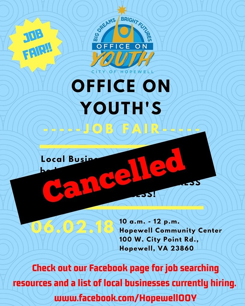 Due to low participation, the Office on Youth job fair scheduled for June 2nd has been CANCELLED. Check out our Facebook page for an album w/ job search tips &amp; coming soon, a list of local businesses currently hiring.