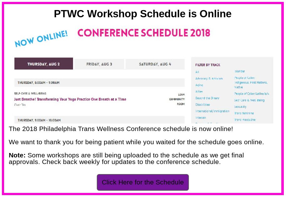 Mycroft_Masada's tweet photo. .@TransPHL schedule went online 5/23 - #PTWC2018 is 8/2 thru 8/4! #PhillyTransWellnessConference #TransPHL #PhillyTransWellness #transwellness #transconference #transjustice #transliberation #transcommunity https://t.co/cE7tMH4tSh https://t.co/NeUQHz69Ay