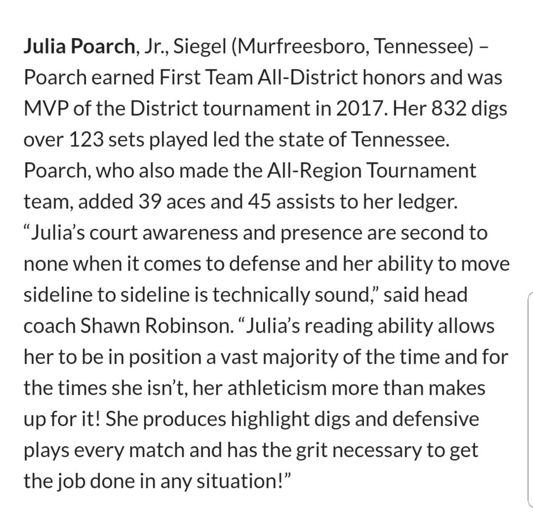 Siegel Volleyball (@siegelvball) on Twitter photo Congrats to Sr <a href="/Juliapoarch/">Julia Poarch</a> for being named to nationwide list of PrepVolleyball's 2018 Gym Dandies- players who strictly play defense (aka Liberos). She was listed as top 143 defensive dandies in country. Another example of hard work paying off!! <a href="/cecil_joyce/">Cecil Joyce</a> <a href="/SiegelAthletics/">Siegel Athletics</a> Congrats to Sr <a href="/Juliapoarch/">Julia Poarch</a> for being named to nationwide list of PrepVolleyball's 2018 Gym Dandies- players who strictly play defense (aka Liberos). She was listed as top 143 defensive dandies in country. Another example of hard work paying off!! <a href="/cecil_joyce/">Cecil Joyce</a> <a href="/SiegelAthletics/">Siegel Athletics</a>