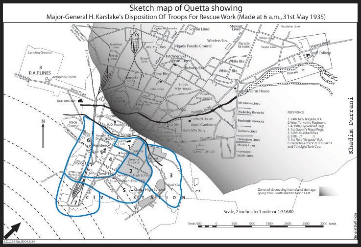 With the day break at 6 am, within three hours of the earthquake a Relief Headquarters was set up on the lawn of the ruined  #Quetta Club. General  #Karslake was leading the rescue operations. He divided up the devastated area into 8 zones and assigned them to his troops 11/