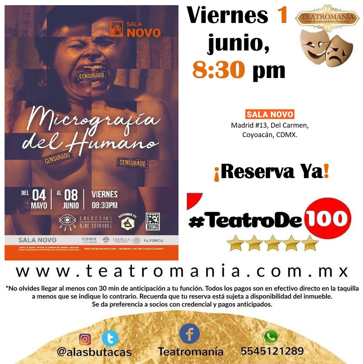 LaCapillaTeatro's tweet photo. Recuerden que hoy #Viernes, hay función de Micrografía Del Humano​ en la #SalaNovo del #TeatroLaCapilla y habrá #TeatroDe100 para socios de @alasbutacas La función es a las 20:30 hrs. ¡Les esperamos! #Teatro #México #CDMX #Coyoacán #Teatro #Promoción #Cultura #Dramaturgia https://t.co/a52wg63Yd0